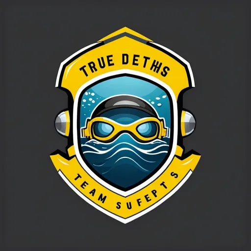 Prompt: This logo features the words "True Depths Team" written in colorful, vibrant yellow on a dark gray background. For the text, choose a crisp sans-serif font to give it a modern and challenging feel. The top of the logo features an abstract graphic of diving equipment, emphasizing the deep, dark theme of the ocean floor. The graphics are simple and clean, visually representing a sports team's strong team identity.