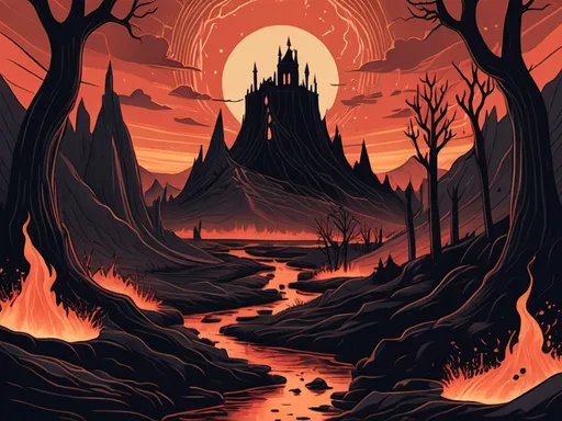 Prompt: Tarot card illustration of a hellish landscape