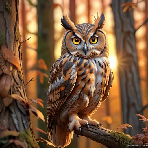 Prompt: Detailed, highres owl in Appalachian woods at sunset, realistic rendering, warm earthy tones, intricate feathers, piercing gaze, realistic sunset lighting, vibrant colors, high-quality art, detailed tree texture, nature scene, majestic bird, sunset, owl, detailed feathers, realistic, vibrant colors, warm tones, realistic lighting, intricate details, natural scene, highres