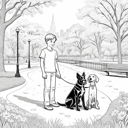 Prompt: B&W coloring book page, boy with his dog in the park, line art, solid white frontcround
