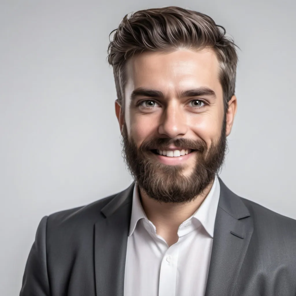 Prompt: create a professional photo of a bearded person. Make it realistic. Smile a little, white background in office setup. Make it less shiny and more photo realistic