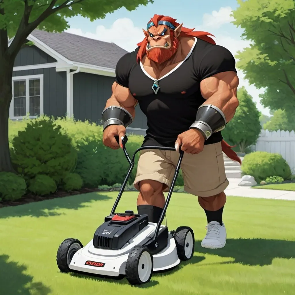 Prompt: Ganon wearing black cut off shirt and khaki shorts with white shoes mowing the yard