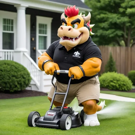 Prompt: Bowser dressed in khaki shorts and a black polo shirt with white shoes mowing the yard