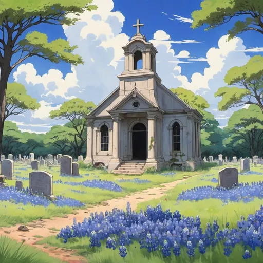 Prompt: 2d studio ghibli anime style, abandoned cemetery in Texas with Bluebonnets