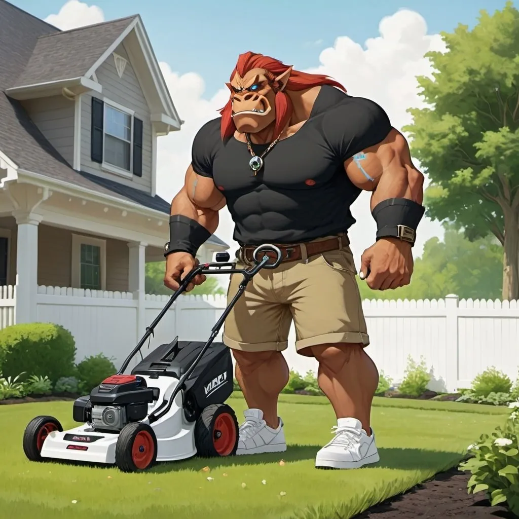 Prompt: Ganon wearing black cut off shirt and khaki shorts with white shoes mowing the yard