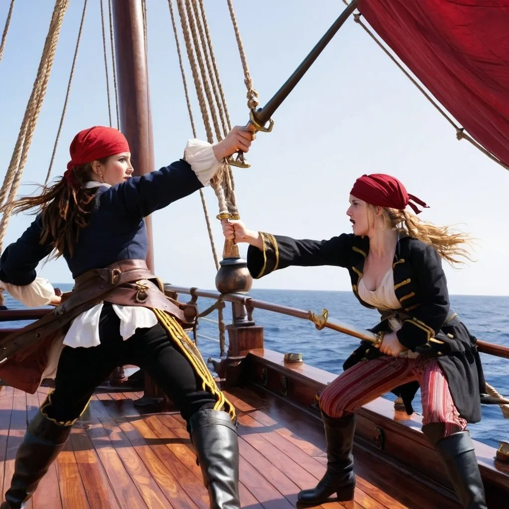 Prompt: two female pirates fighting on the bow of a ship