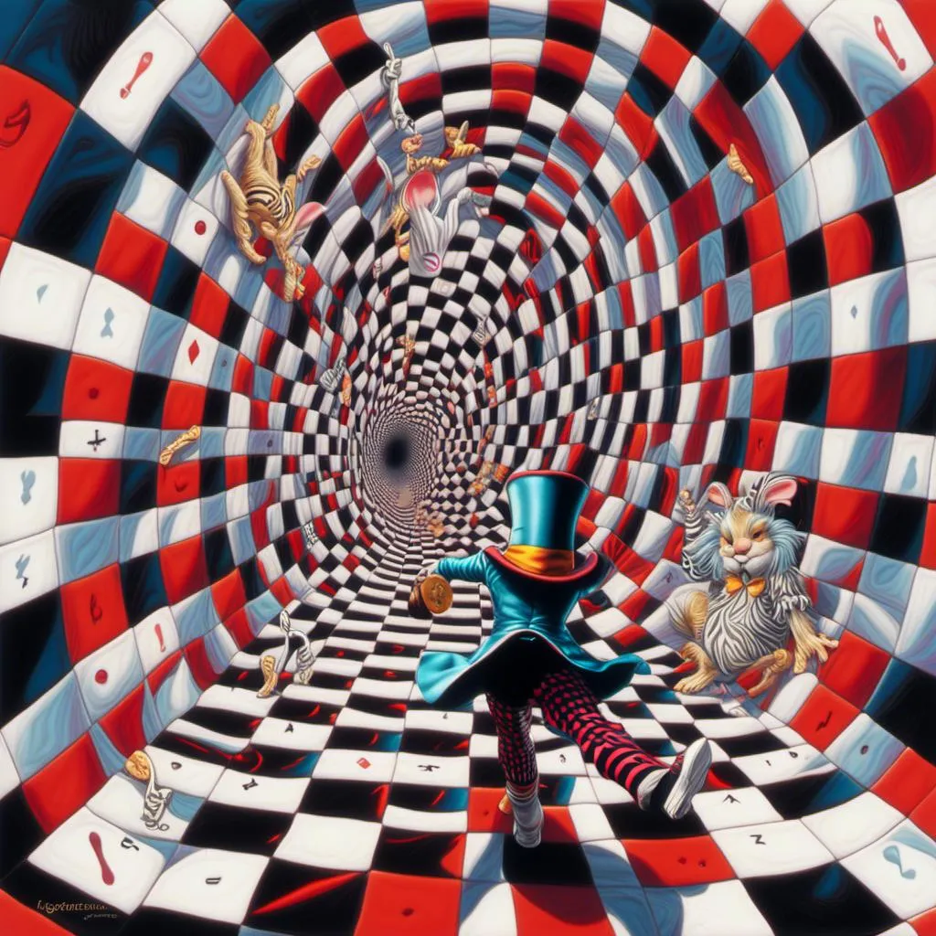 Prompt: <mymodel> Synthetic   the mad hatter with a manhatten in his hand pulls Alice towards the rabbit hole as the white rabbit beckons them in