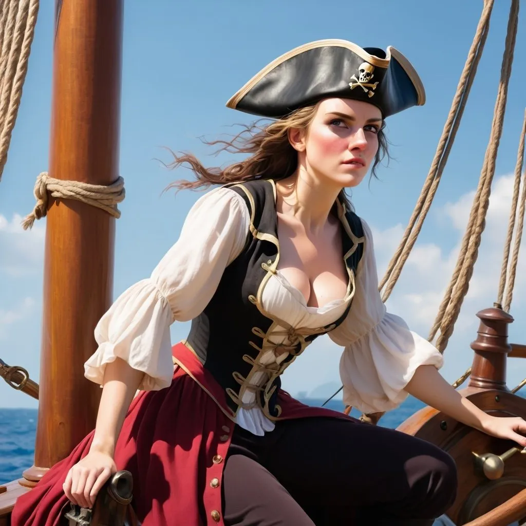 Prompt: a female pirate on the bow of a ship 