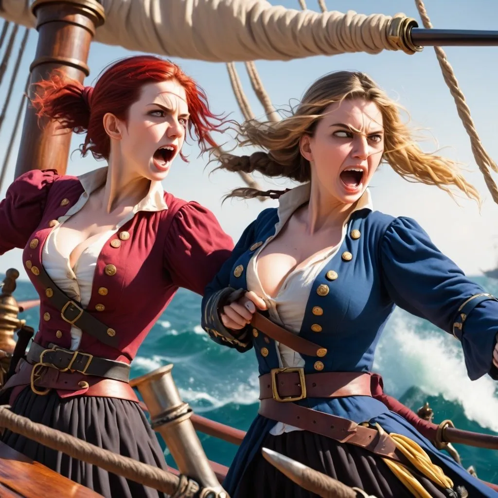 Prompt: 2 female pirates in a sword fight  on the bow of a ship 