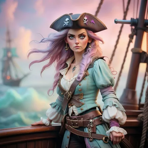 Prompt: Dreamy pastel portrait, wizard, ethereal atmosphere, soft focus of a female pirate on the bow of a ship with a gun pointed at viewer