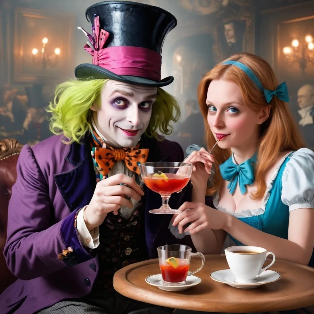 Prompt: the mad hatter drinking a manhatten with alice