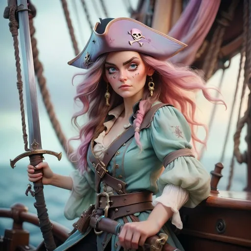 Prompt: Dreamy pastel portrait, wizard, ethereal atmosphere, soft focus version of a female pirate on the bow of a ship with a sword in one hand and a pointed gun in the other