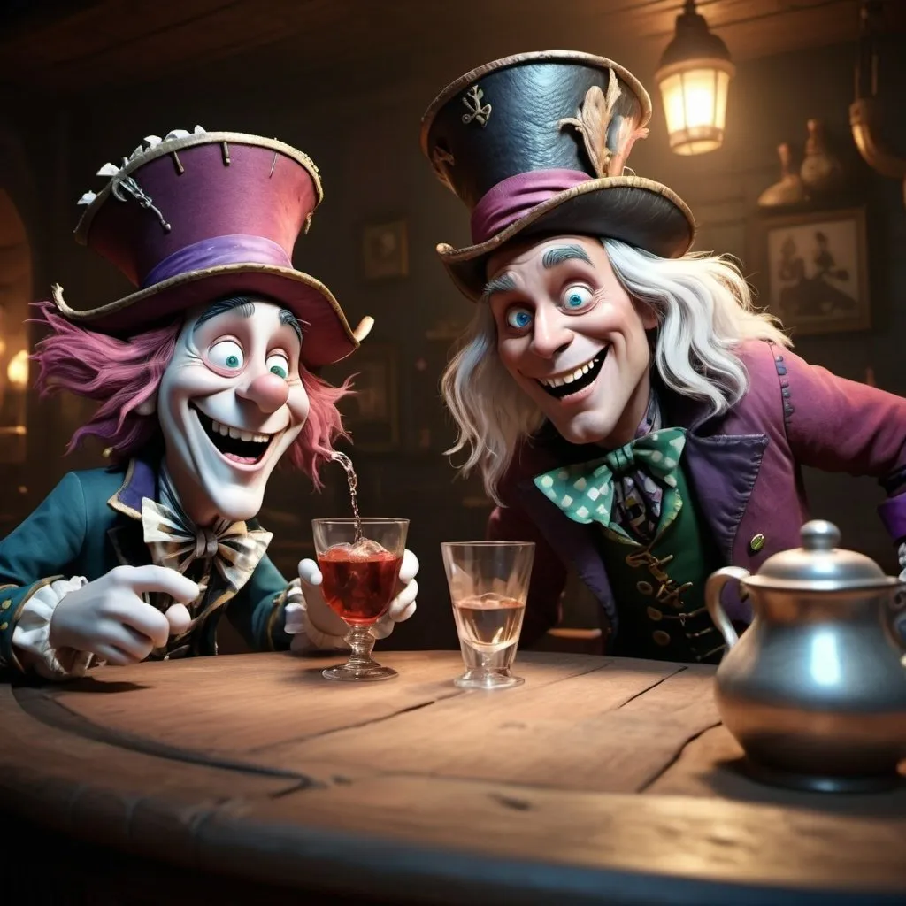 Prompt: Disney pixar character, 3d render style, old pirate evil laugh, cinematic colors the madhatter drinking a manhatten with Alice as they head towards the rabbit hole where the whit rabbit awaits them