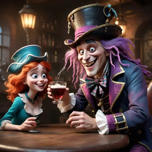 Prompt: Disney pixar character, 3d render style, old pirate evil laugh, cinematic colors the madhatter drinking a manhatten with Alice