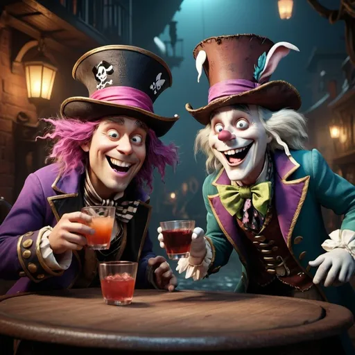 Prompt: Disney pixar character, 3d render style, old pirate evil laugh, cinematic colors the madhatter drinking a manhatten with Alice as they head towards the rabbit hole where the whit rabbit awaits them