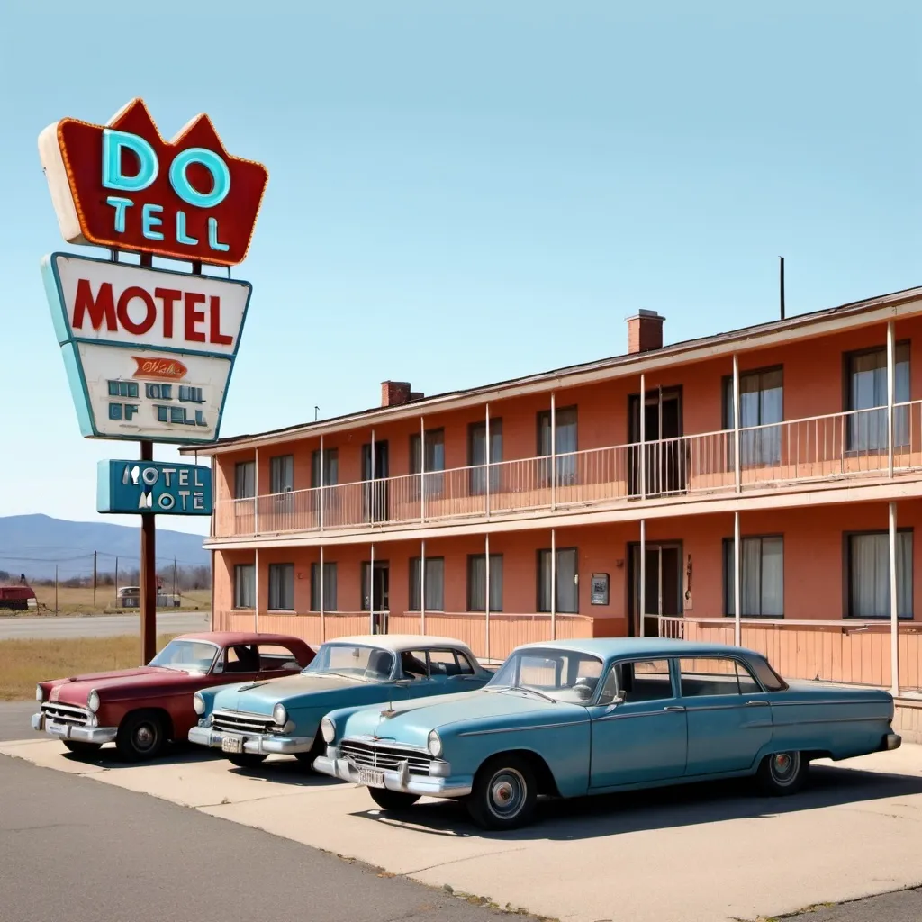 Prompt:  motel complex at highway roadside, old building Vector Image, motel sign says, "Do Tell Motel" There are a couple of old cars parked out front.