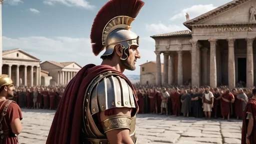 Prompt: Detailed matte painting of a Roman man in costume, facing a crowd, with columns, photorealistic, dramatic, Exekias, Antipodeans, movie scene, professional, crowd of people, Roman architecture, matte painting, detailed, dramatic lighting, highres, photorealism, historic