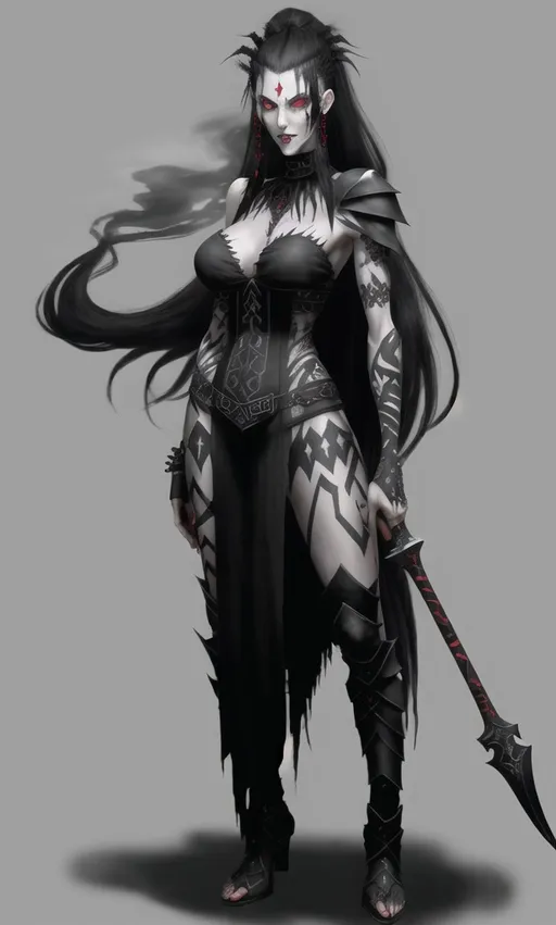 Prompt: Tall, Woman, pale Grey Skin, Red Eyes, Huge chest, Black messy Hair, black tribal face markings, heavily armored, mature face, gothic, black symmetrical tribal arm tattoos, 30 yesrs old, Weilding a greataxe, smokey goth makeup