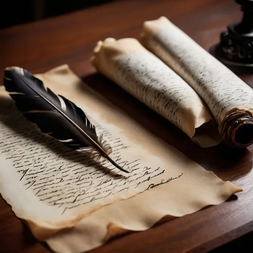 Prompt: parchment and quill in ink, both on desk, from a side angle
