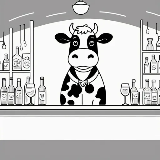 Prompt: cartoon cow stands upright behind a bar, low detail

