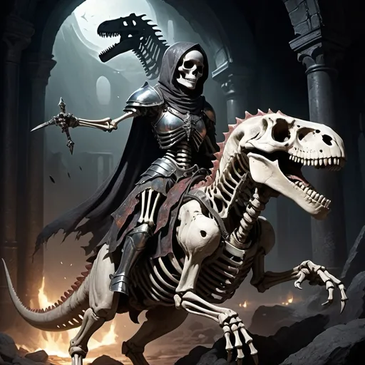 Prompt: (Tarot card illustration), (female knight skeleton), (silver armor), tattered and ripped cape, riding a dinosaur into battle, dark eerie aura, shadows surrounding, mystical symbols in background, intense atmosphere, high detail, cinematic, dramatic lighting, fantasy art style, vividly capturing the essence of otherworldly combat.