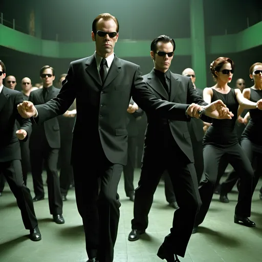 Prompt: Imagine hundreds of the original Hugo Weaving Agent Smiths, each wearing a black suit, sunglasses, and an earpiece, standing shoulder to shoulder. Their arms are linked, and they're performing the Can-Can dance in perfect unison, with one leg kicked high. They all have their typical serious expressions, contrasting humorously with the lively dance. The background features the basketball court where Neo met Seriph and The Oracle in ‘The Matrix:Reloaded.’ The lead Agent is holding the pipe Neo used to beat them all up.