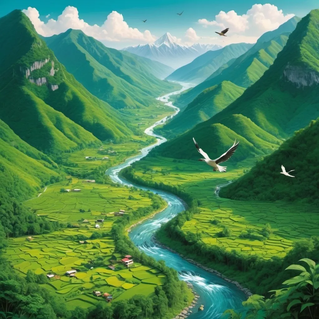 Prompt:  the lush green valleys, mountains, and rivers, combined with symbols of freedom like birds flying 