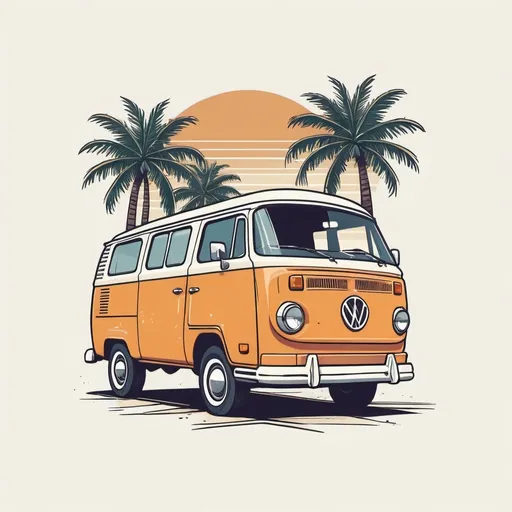 Prompt: Illustrated T-shirt design of a vintage van with palm trees, solid white background, vector, simple color palette, vintage style, detailed illustration, high quality, retro, flat design, minimalistic, professional, warm tones, palm tree details, vintage van