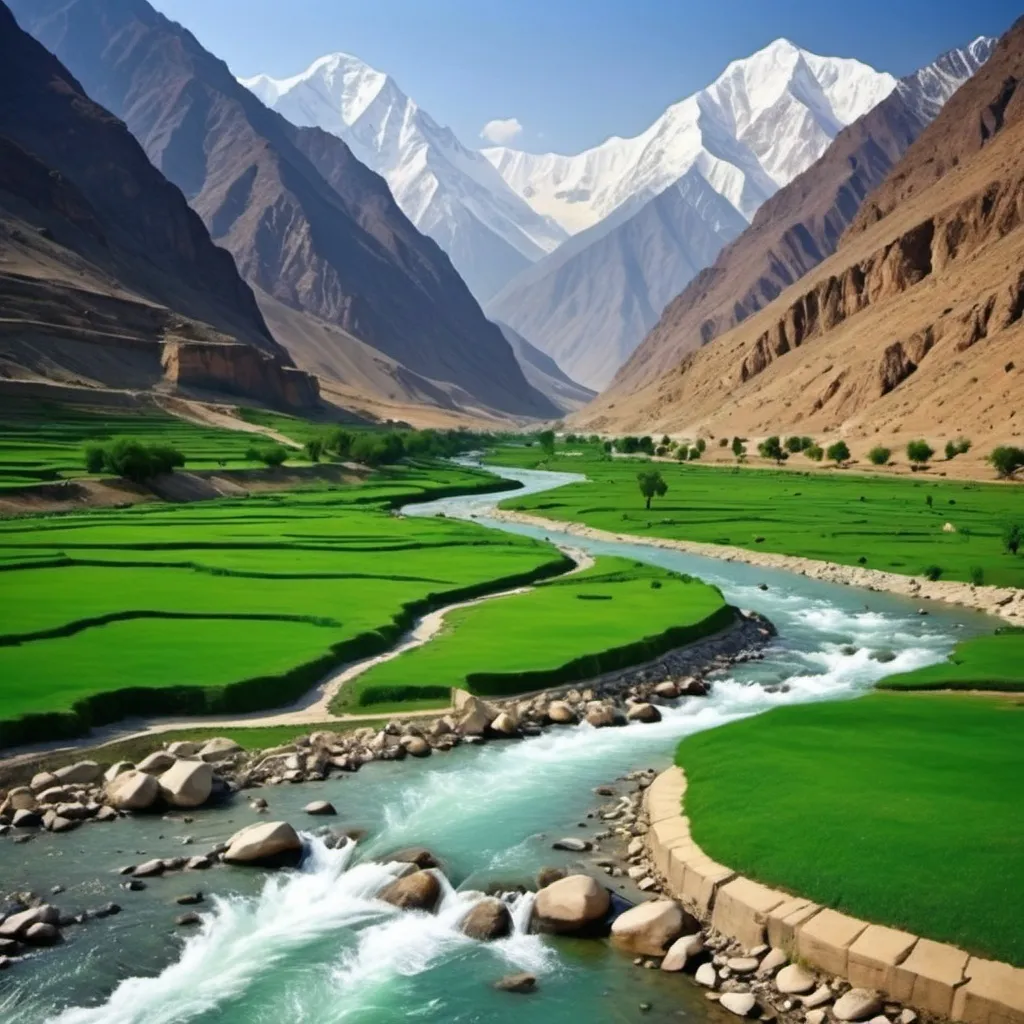 Prompt:  Depict the natural beauty of Pakistan, such as the lush green valleys, mountains, and rivers, combined with symbols of freedom like birds flying and the national flag waving in the wind. 