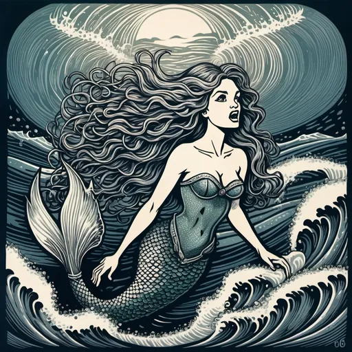 Prompt: A linocut of a mermaid with long, curly hair emerges from the sea's depths. She is adorned with intricate details, her tail shimmering with scales that glisten like gemstones. The mermaid is attacking a sailor from the 1800s, who is dressed in a traditional nautical outfit with a fluttering cap. The background is a stormy sea with crashing waves and a dark, ominous sky. The overall atmosphere is both eerie and enchanting, blending the sea's mystique with the open ocean's danger.