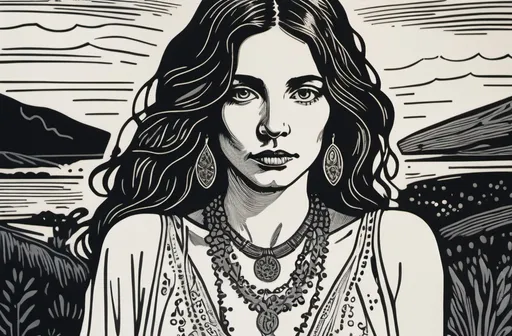 Prompt: A captivating linocut portrait of a bohemian woman, exuding natural beauty and grace. Her striking eyes and cascading locks draw the viewer in, while delicate freckles add a touch of charm. Her contemplative expression reveals a depth of character. Clad in a flowing white dress, she adorns herself with intricate necklaces and an assortment of boho-inspired jewelry, reflecting her free-spirited essence. The artwork masterfully captures the essence of her character, inviting the viewer to become lost in her world.