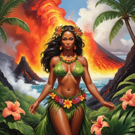 Prompt: The Hawaiian goddess Pele is the powerful deity of volcanoes. Pele is rising out of the volcano with lava spilling down the sides. Pele's dark brown hair is adorned with vibrant feathers and flowers, adding a touch of natural beauty to her fierce appearance. With molten lava flows and billowing smoke as a testament to her divine power. The lush green landscape, palm trees, and bright, sunny sky in the background create a harmonious balance between her fierce presence and the serenity of Hawaii's natural beauty