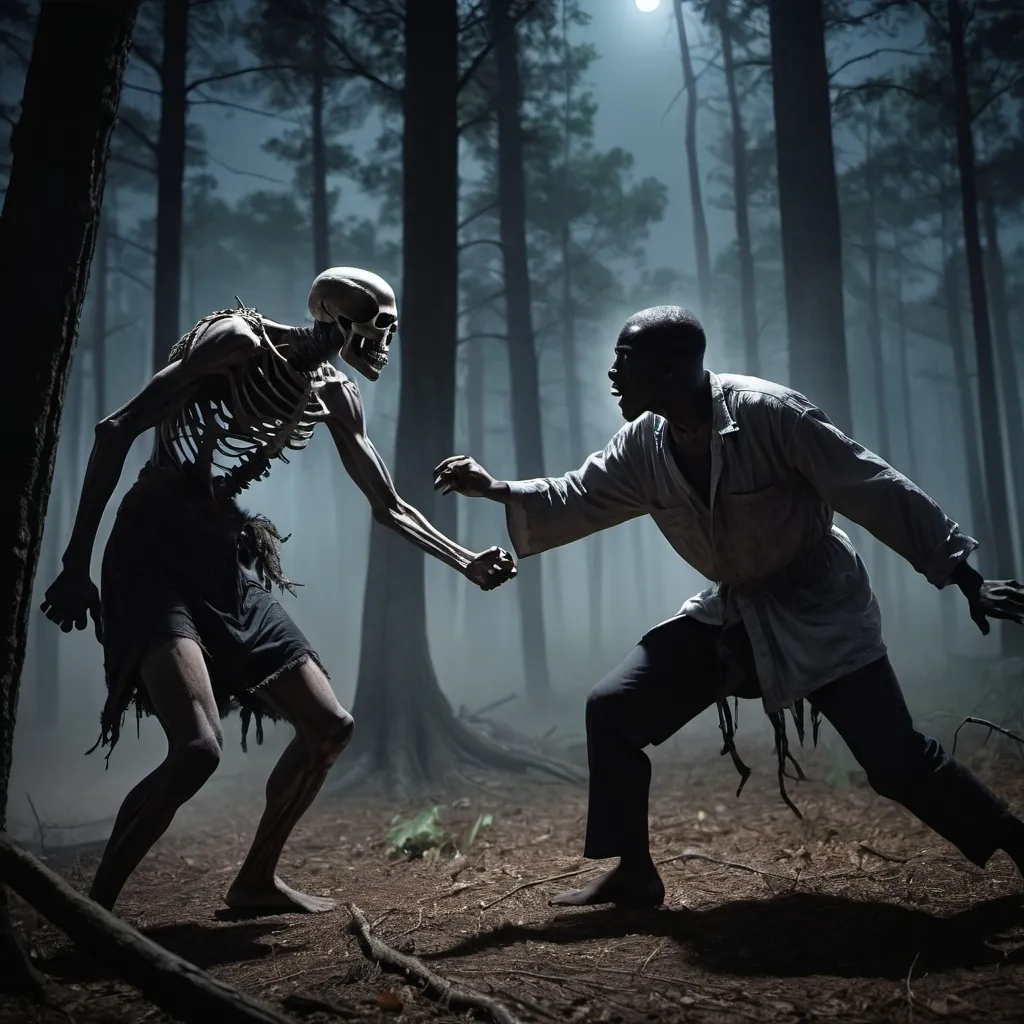 Prompt: The spirit of death in an extensive fight with a black man in a forest at night 
