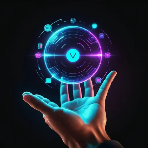 Prompt: Man hand virtual world icon. Communication and use of modern.