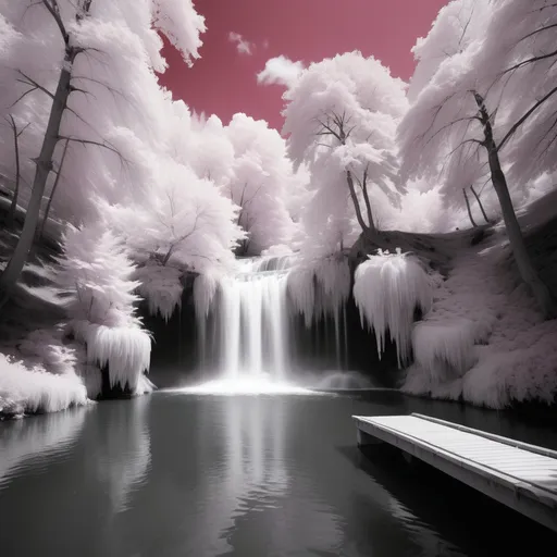 Prompt: Infrared photos waterfall, serenity calmness dock safe haven