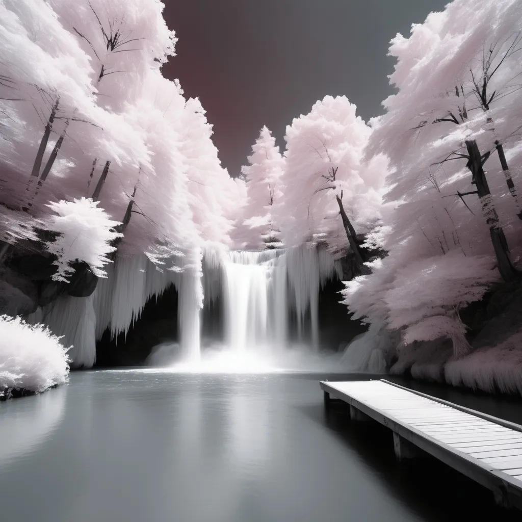 Prompt: Infrared photos waterfall, serenity calmness dock safe haven