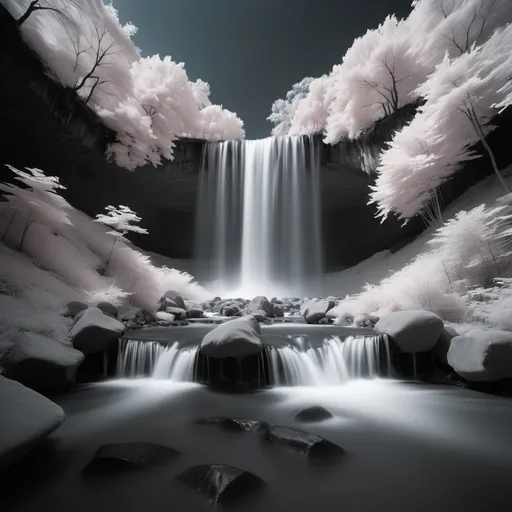 Prompt: Infrared photos waterfall, hasselblad 1600f, zeiss milvus 25mm f/1.4 ze., hasselblad h6d-400c beautiful mind-blowing limitless speechless
