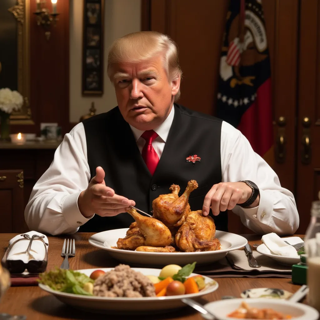 Prompt: India China Pakistan Nepal pm sitting on dining table . Us president serving them chicken 