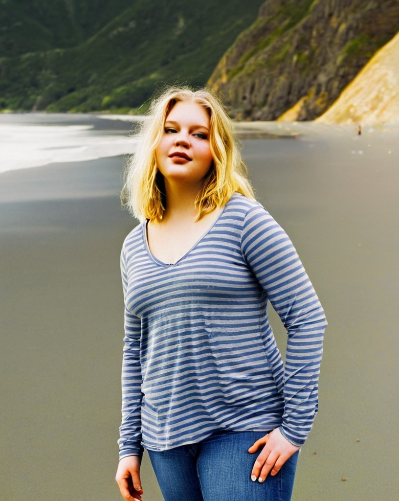 Prompt: A mid-sized young woman standing on the beach