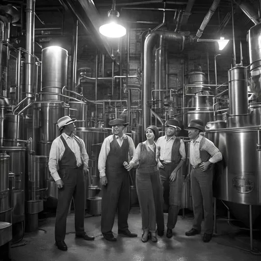 Prompt: Two mens and two womens 1930 in a whiskey distillery in the United States hyper-realistic photo black and white