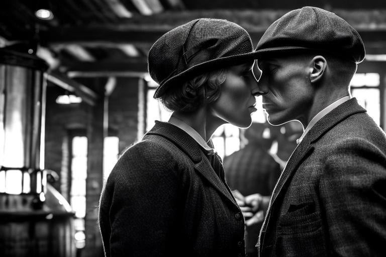 Prompt: Man and woman kisses in a whiskey distillery in the united states
peaky blinders 1930 hyperrealistic black and white photo