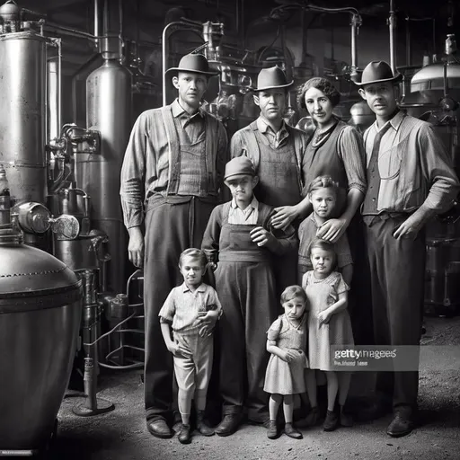 Prompt: a family 1930 in a whiskey distillery in the United States hyper-realistic photo black and white