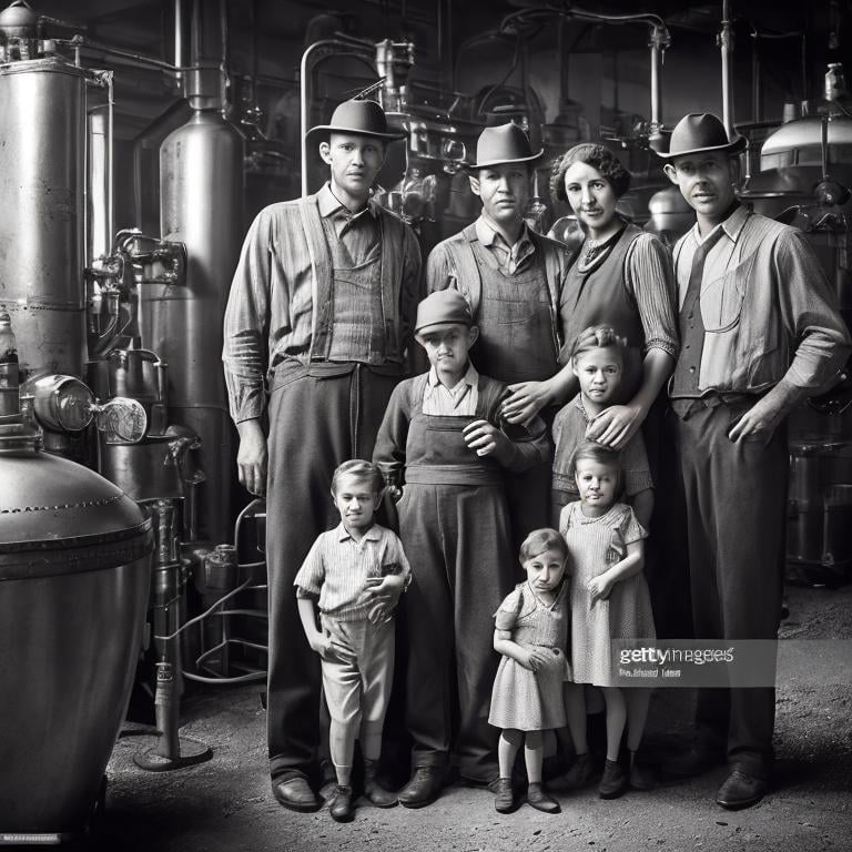 Prompt: a family 1930 in a whiskey distillery in the United States hyper-realistic photo black and white