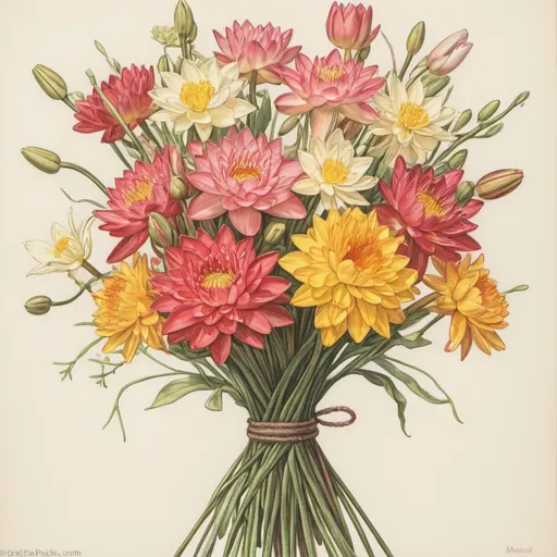 Prompt: color pencil drawing of simple bouquet of flowers tied with string at the base of the stems, using only a mixture of these three flowers: "water lilies, Narcissus, and morning glory ", with a 10% margin of space around the edge of the bouquet giving it spacing from the edge of the canvas, vintage seed packet style and antique look but also a touch of modern styling with a vintage botanical art style 
