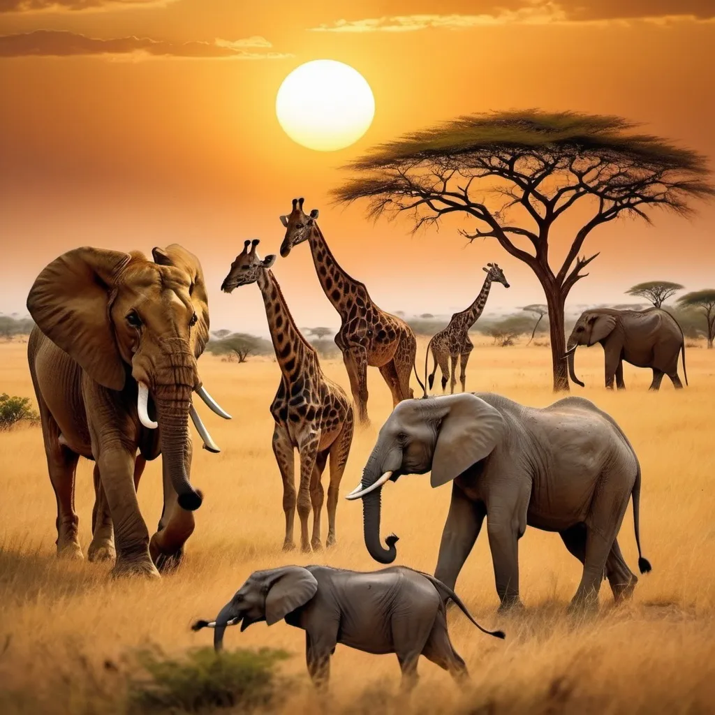 Prompt: A group of wild animals like lions, elephants, and giraffes.