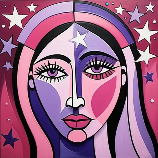 Prompt: Pink and purple Picasso with shining stars