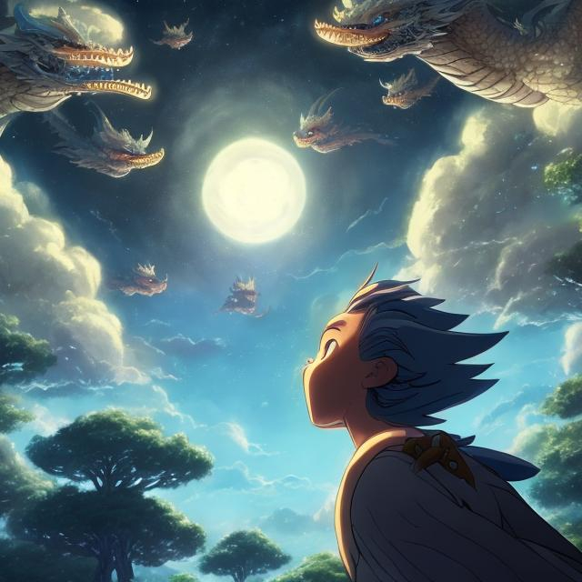 Prompt: a human looking up at the sky, 
with tall trees and dragons in the sky! All at night