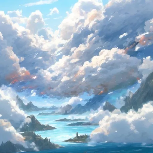 Prompt: anime fight in the clouds over the water