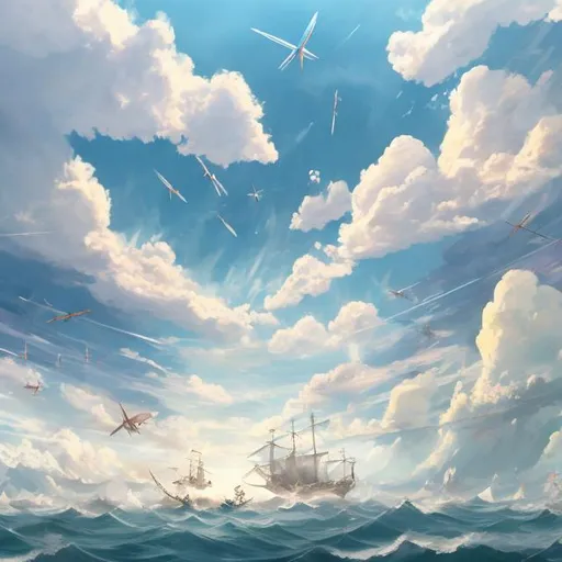 Prompt: anime fight in the clouds over the water