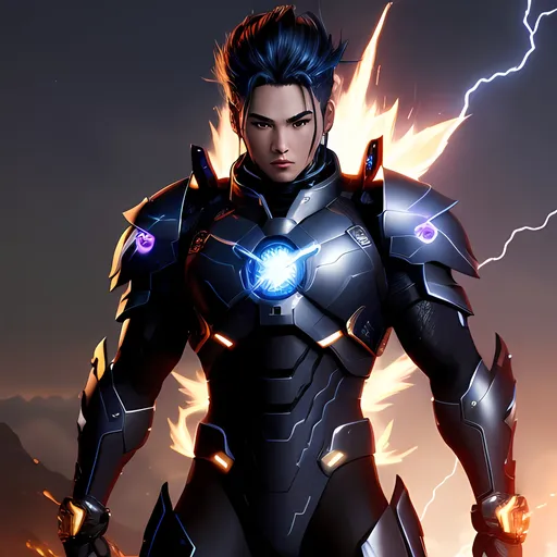 Prompt: Sci-fi armored ninja god, electric aura, fire katana, Apollo's son, dark lightning, futuristic setting, high-tech armor, intense battle stance, cosmic energy, dynamic pose, vibrant colors, detailed metallic textures, highres, futuristic, sci-fi, electric aura, dynamic pose, vibrant colors, intense battle, fire katana, Apollo's son, dark lightning, cosmic energy, high-tech armor, metallic textures